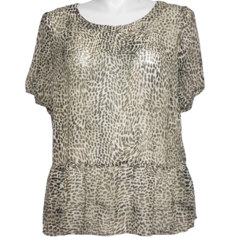 Vince Camuto animal print sheer top ruffled hem 16